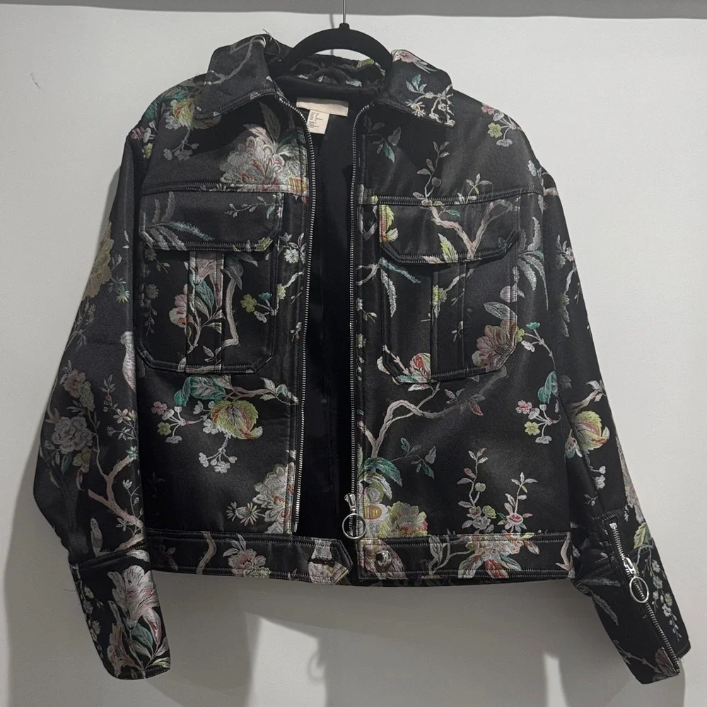 H&M Black Floral Denim Jacket Oversized Cropped Statement Botanical Print - Picture 7 of 7